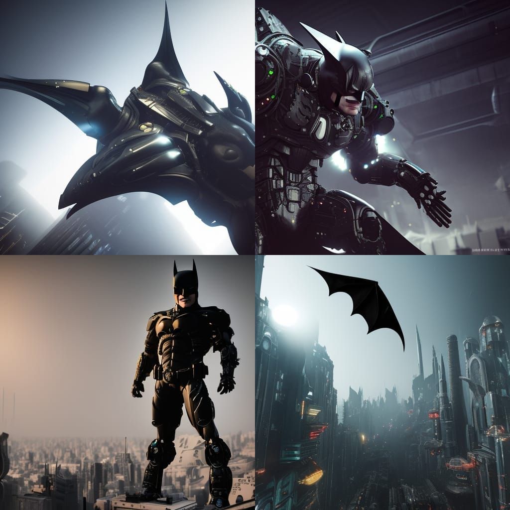 Futuristic Armored Batman in Sci-Fi Cityscape