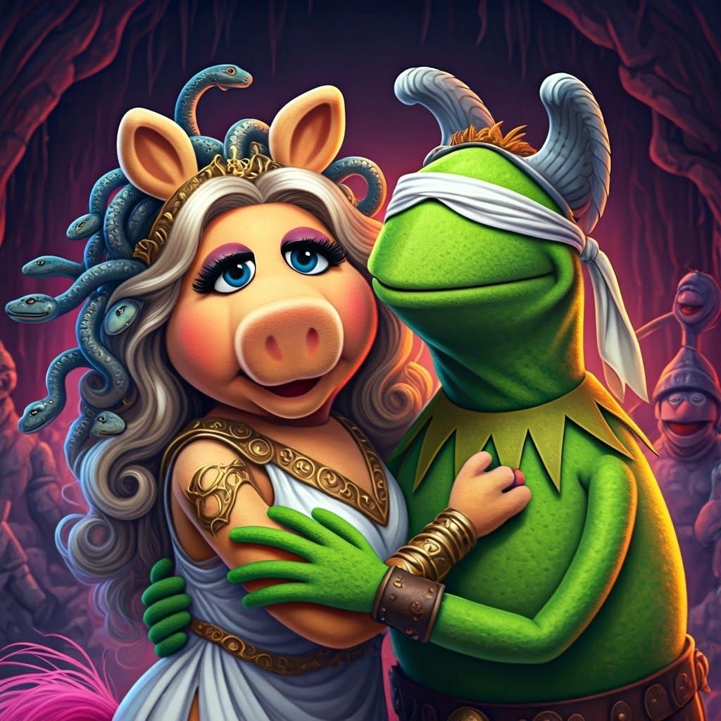 Muppets Meet Mythology in Vibrant Neon: Medusa and Perseus