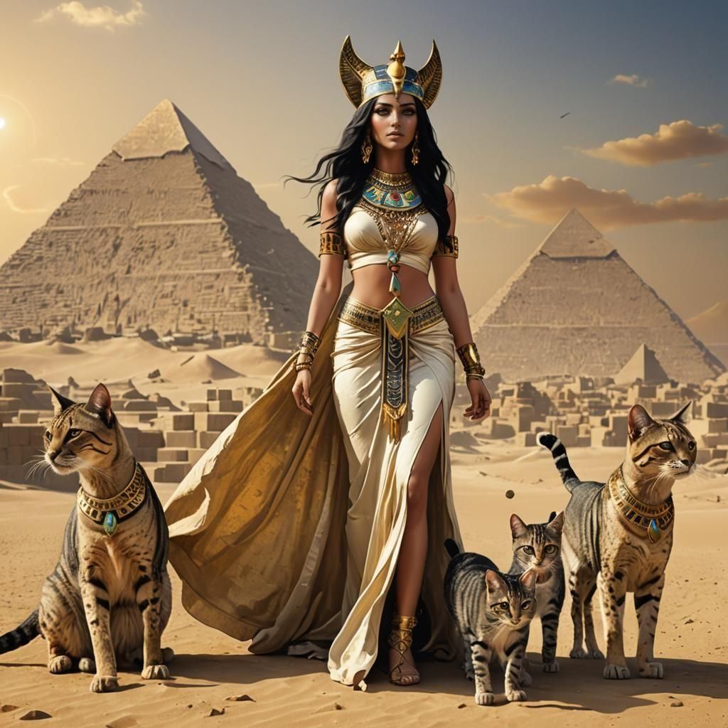 Egyptian Goddess Walking Before Giza Pyramids