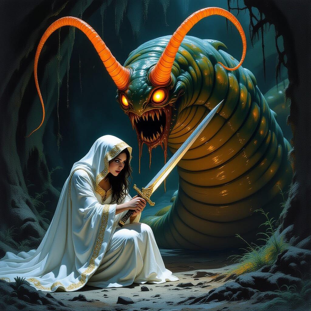 Terrified Damsel and Swamp Slug Horror Scene