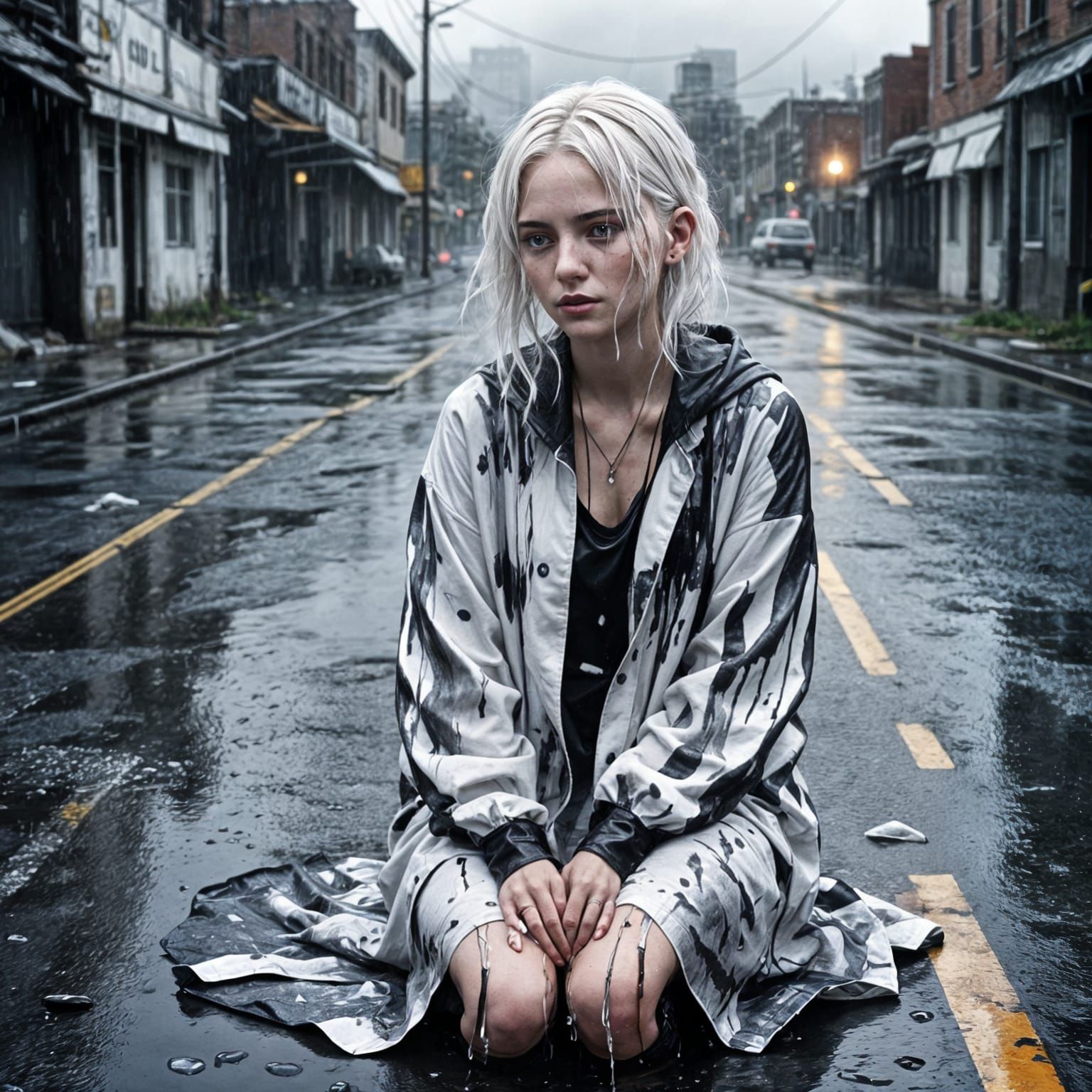 Woman in the Rain in Abandoned City