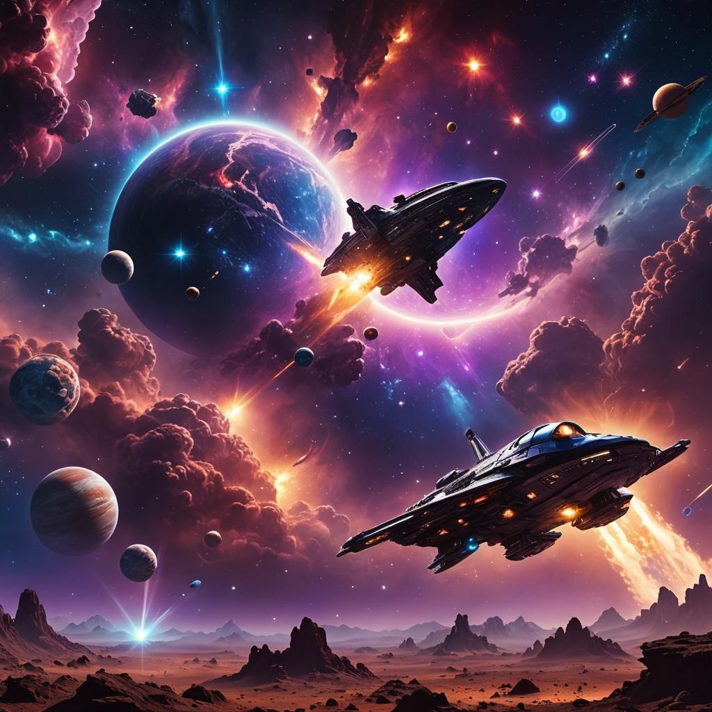 Epic Cinematic Galaxy with Spaceship Digital Painting