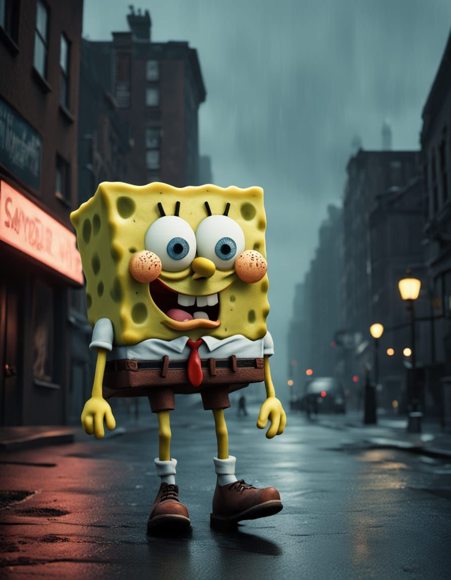 Sad SpongeBob Panhandling in Grimy Streets