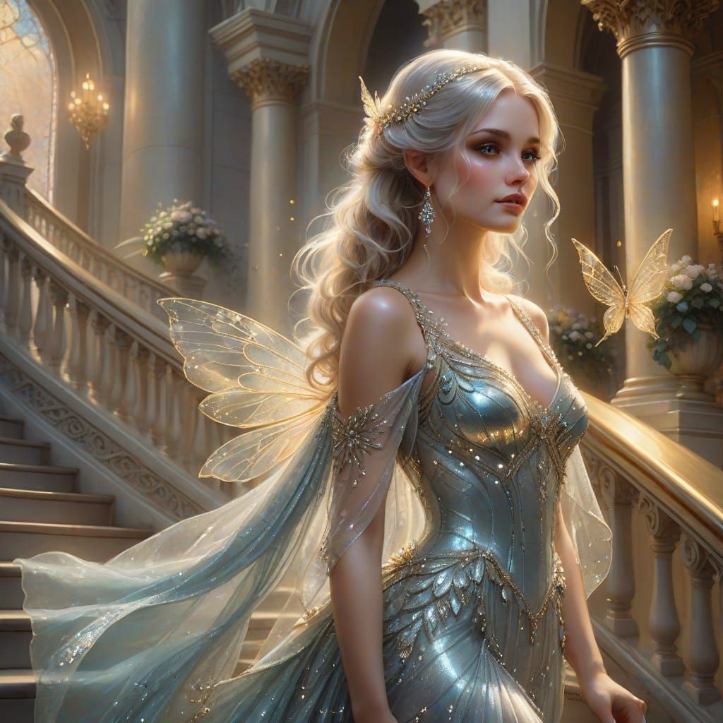 Ethereal Fairy on Grand Staircase: Fantasy Art