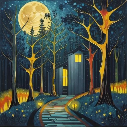 Moonlit Arabesque Forest in Alcohol Ink Style