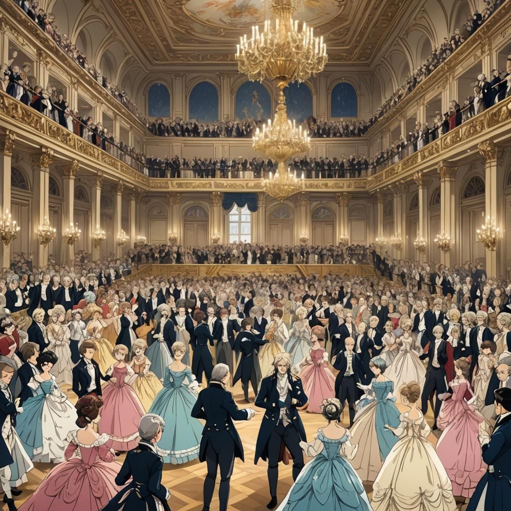 Elegant Nobility Dancing in Anime Style Ballroom