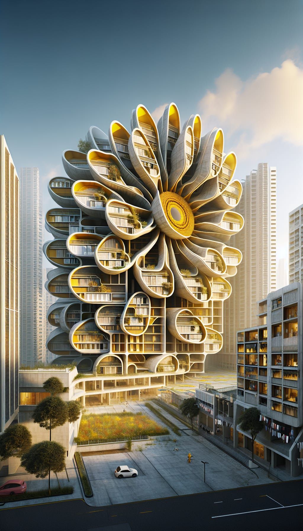 Futuristic Sunflower-Inspired Residential Building with Radi...