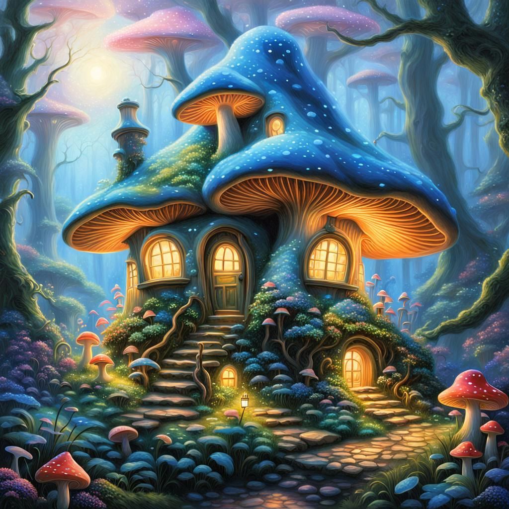 Enchanted Mushroom House in Bioluminescent Forest