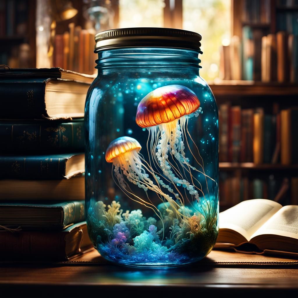 Glowing Jellyfish in Antique Jar, Anime Style