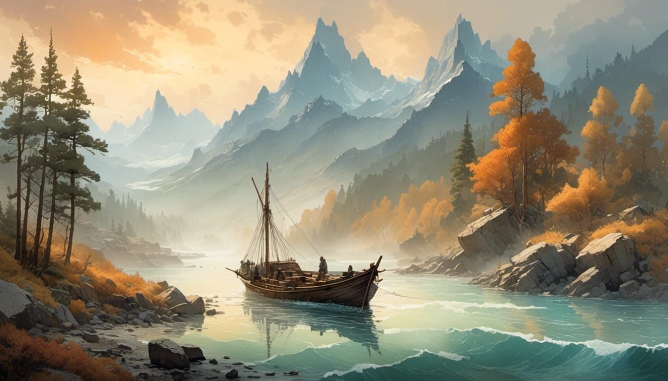 Korean Village Boat in Icy Fjord: Watercolor Art