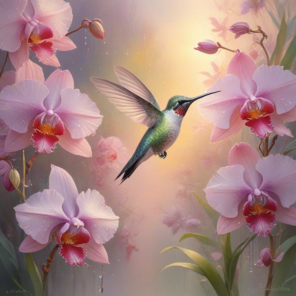 Hummingbird Amidst Blooming Orchids in Delicate Watercolour ...