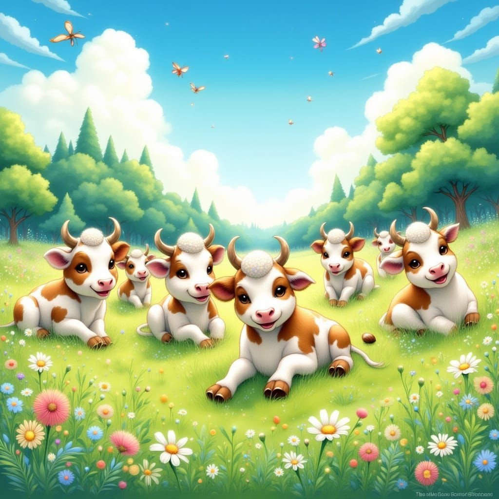 Cute Cows in a Vibrant Summer Meadow