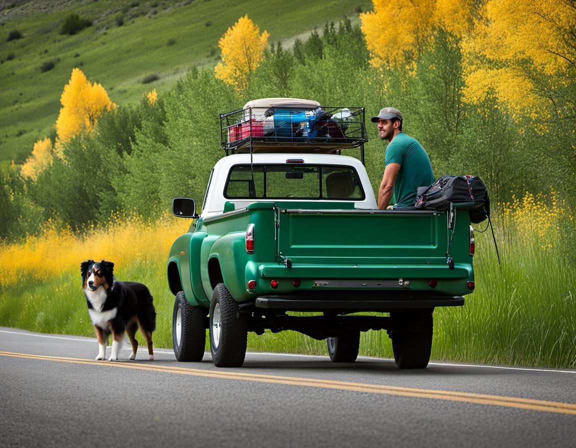 Man and Dog Travel in Vintage Truck