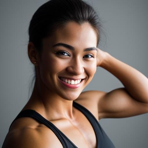 Smiling Bodybuilder Flexing Biceps in Hyperrealistic Photo