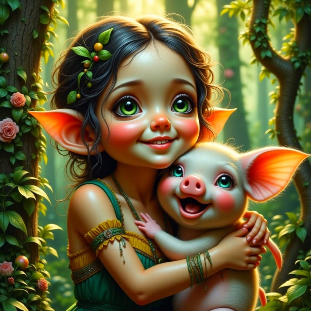 Whimsical Elf Child Hugs a Chubby Piglet in a Forest