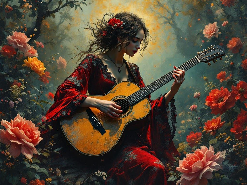 Surreal Lady in Red Velvet Plays Guitar on a Tiger Amidst Vi...