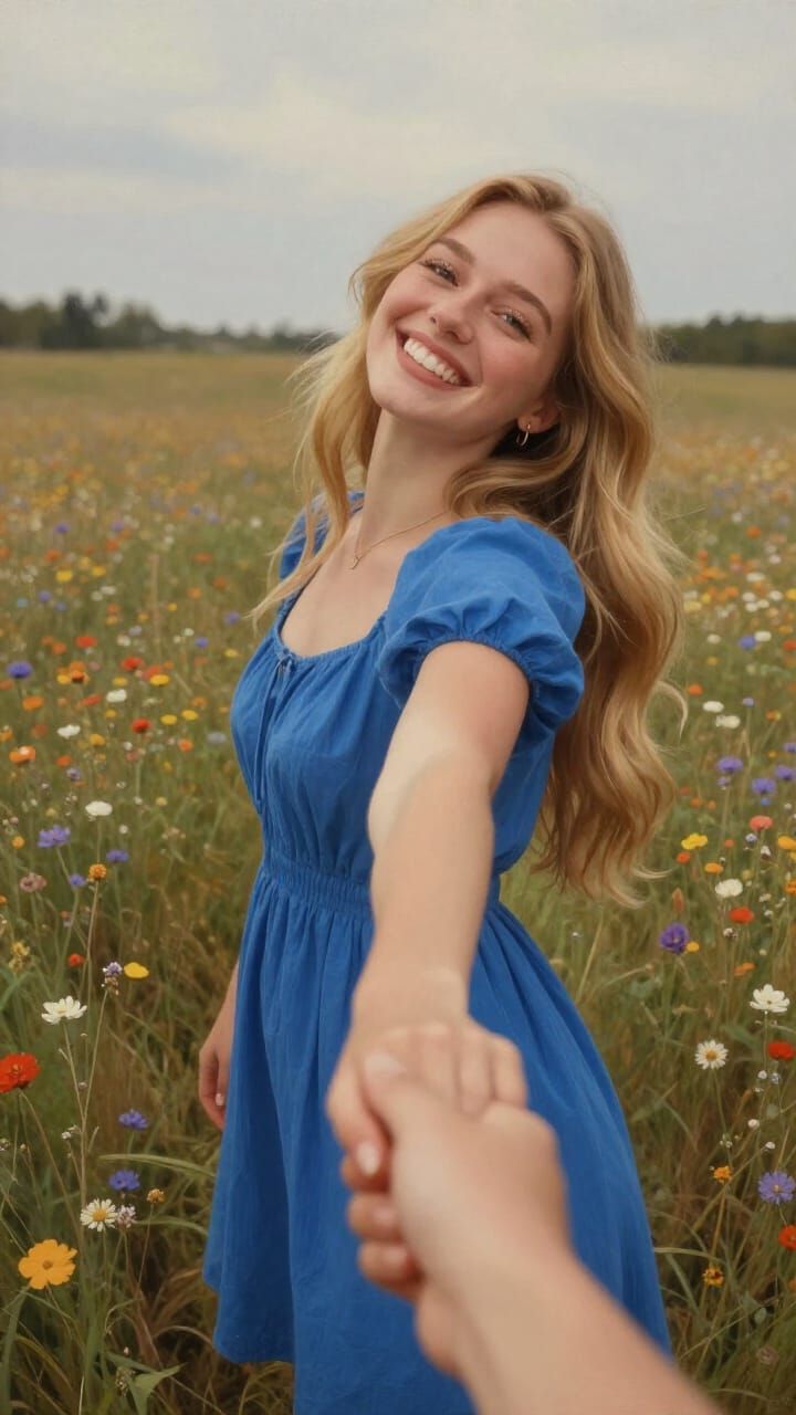 Joyful Woman Pulls Viewer Through Wildflower Field