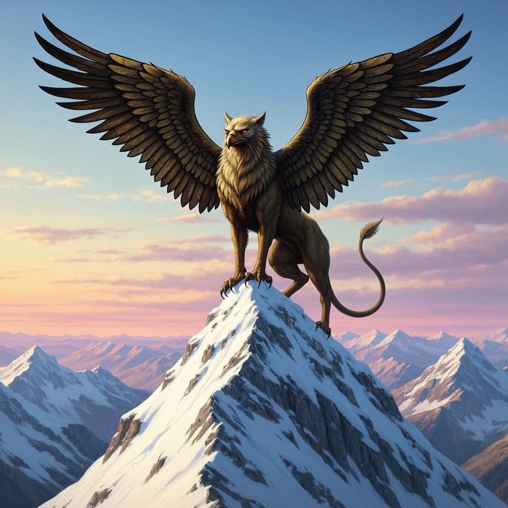 Stained Glass Winged Griffin on Snow Mountain