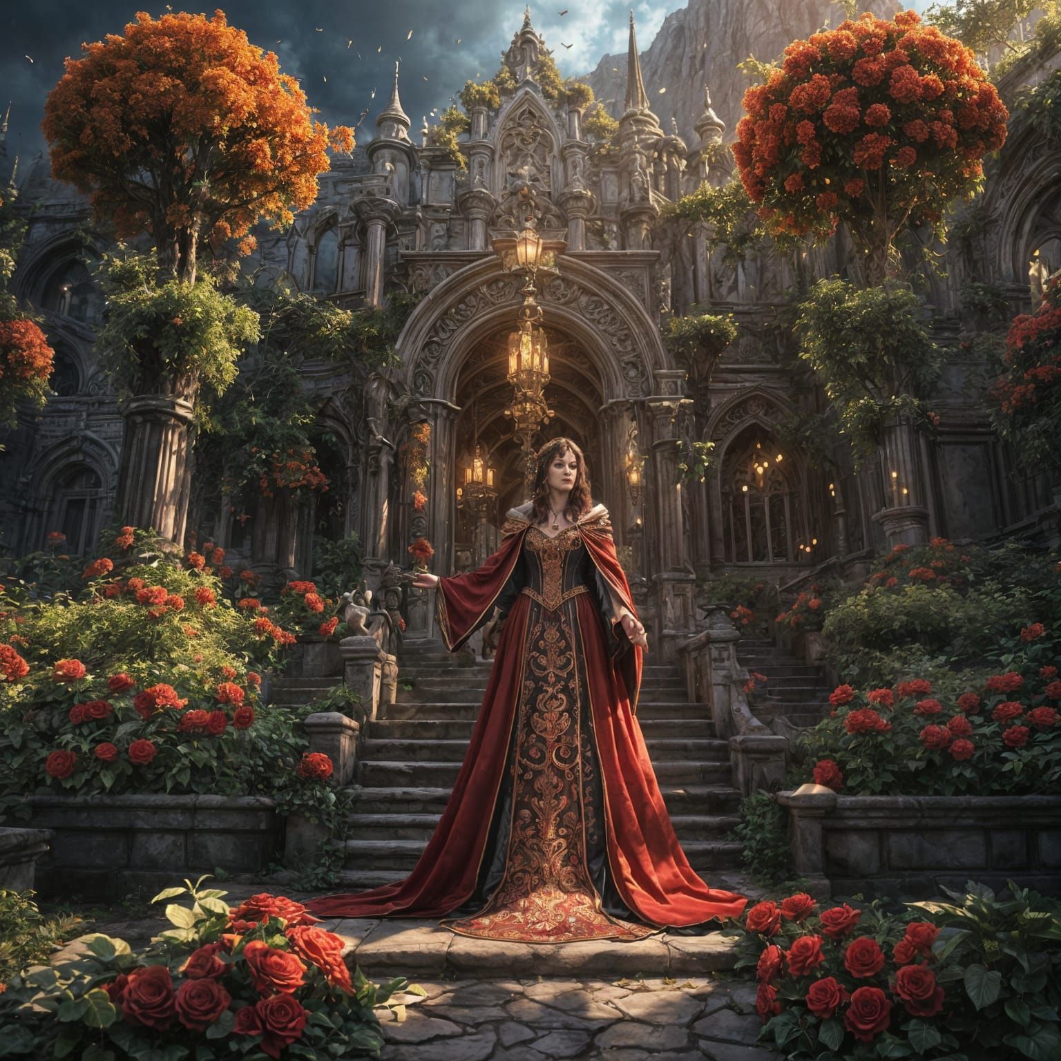 Regal Sorceress Queen of Hearts in Enchanted Garden