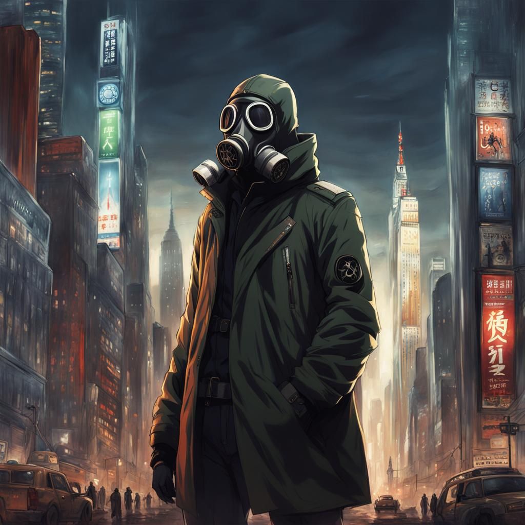 Dystopian New York: Gas Mask Figure in Anime Style