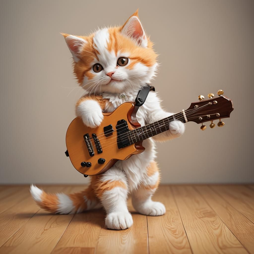 Fluffy Kitten Plays Giant Guitar: Stylized Concept Art
