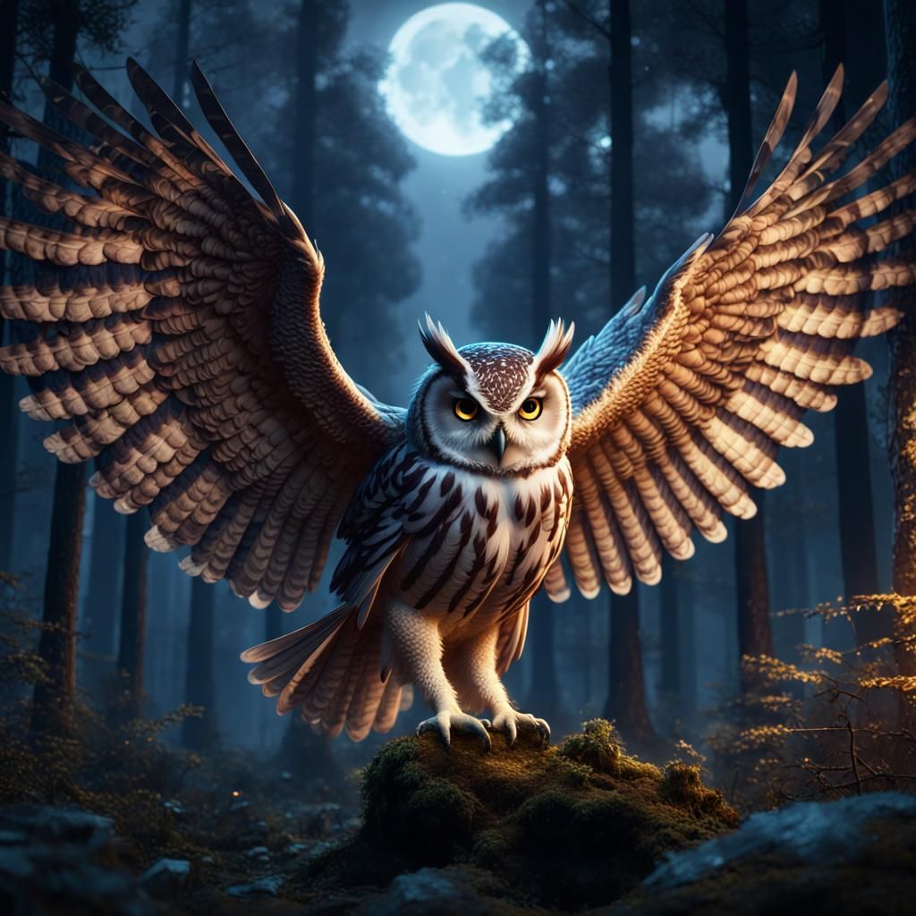 Majestic Owl in Enchanted Forest at Night