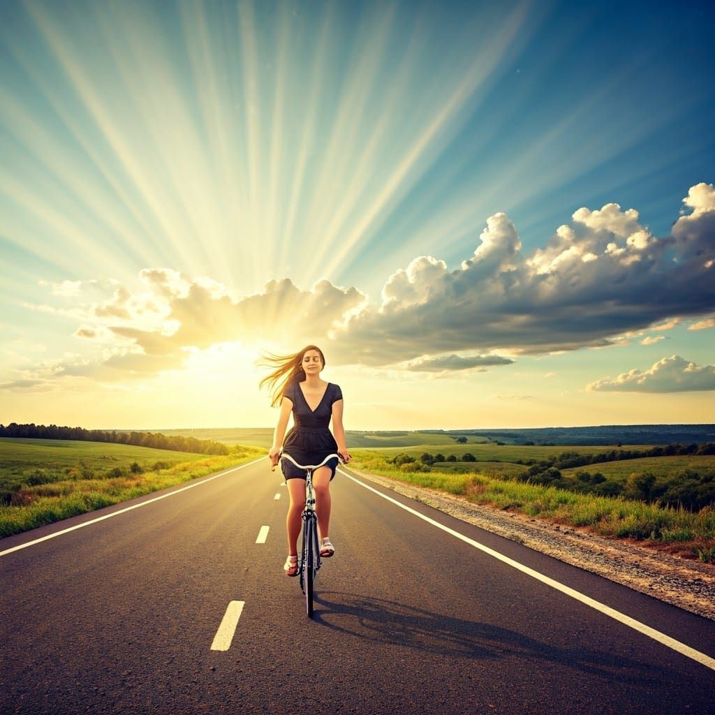Woman Cycling in a Sunlit Landscape