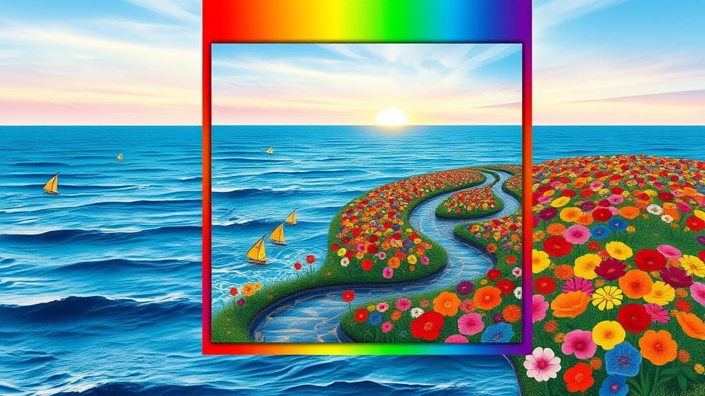 Vibrant Quadratic Dreamscape Over Ocean