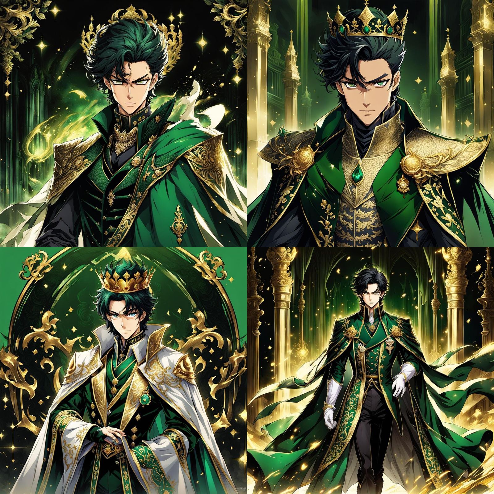 Anime Prince in Regal Emerald and Velvet Attire