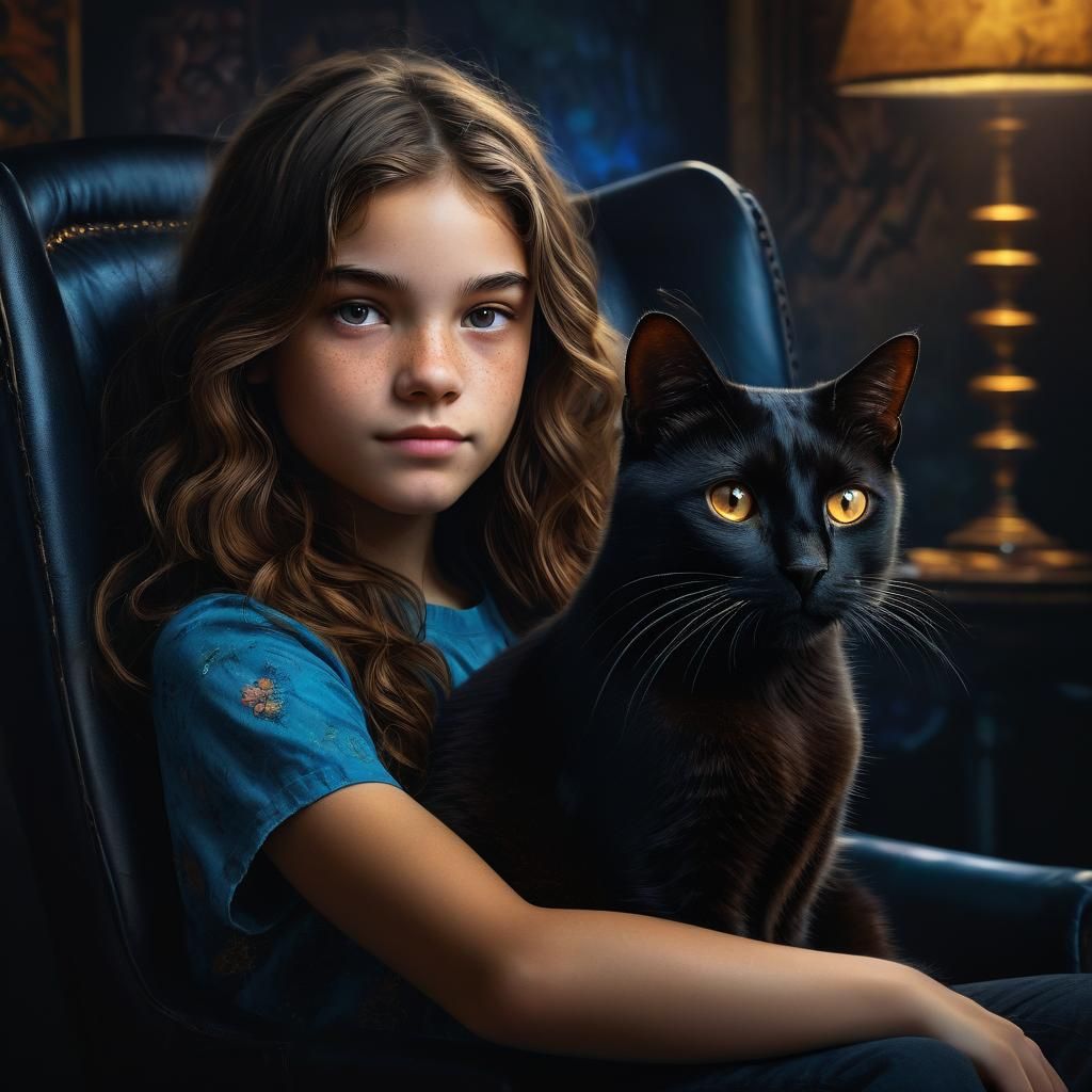 Girl with Black Cat: Detailed Digital Portrait