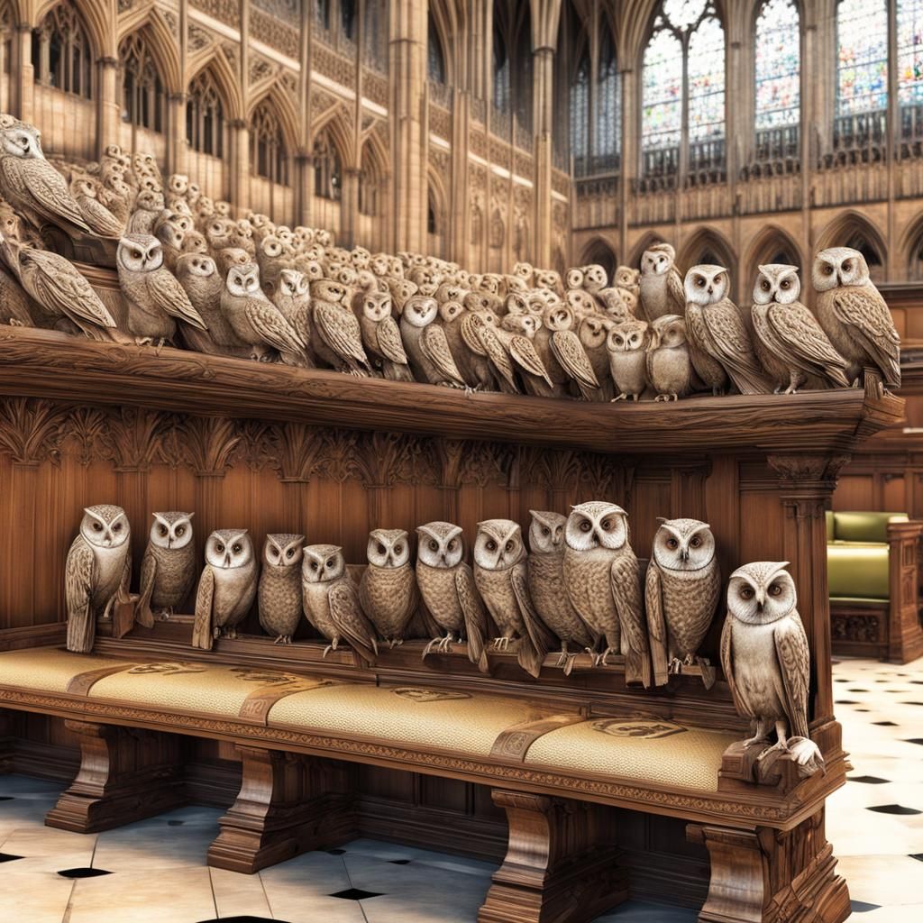 Owls Occupy Parliament: A Hyperrealistic Rendering