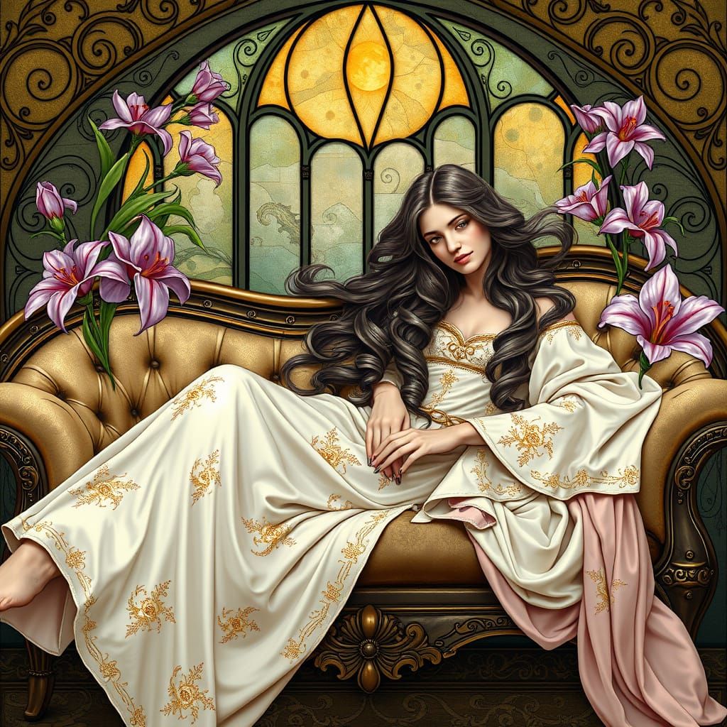 Art Nouveau Woman with Flowers and Stained Glass