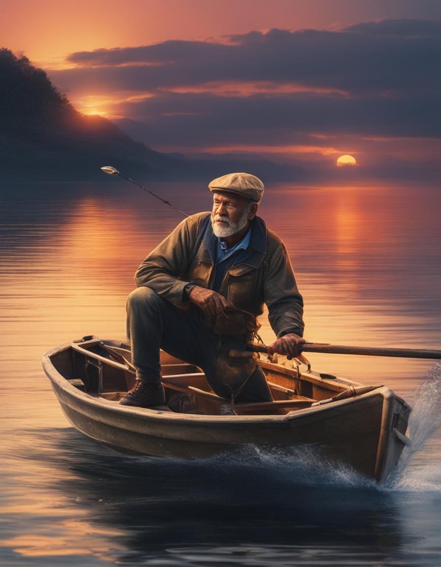 Fisher at Sunset on Calm Sea