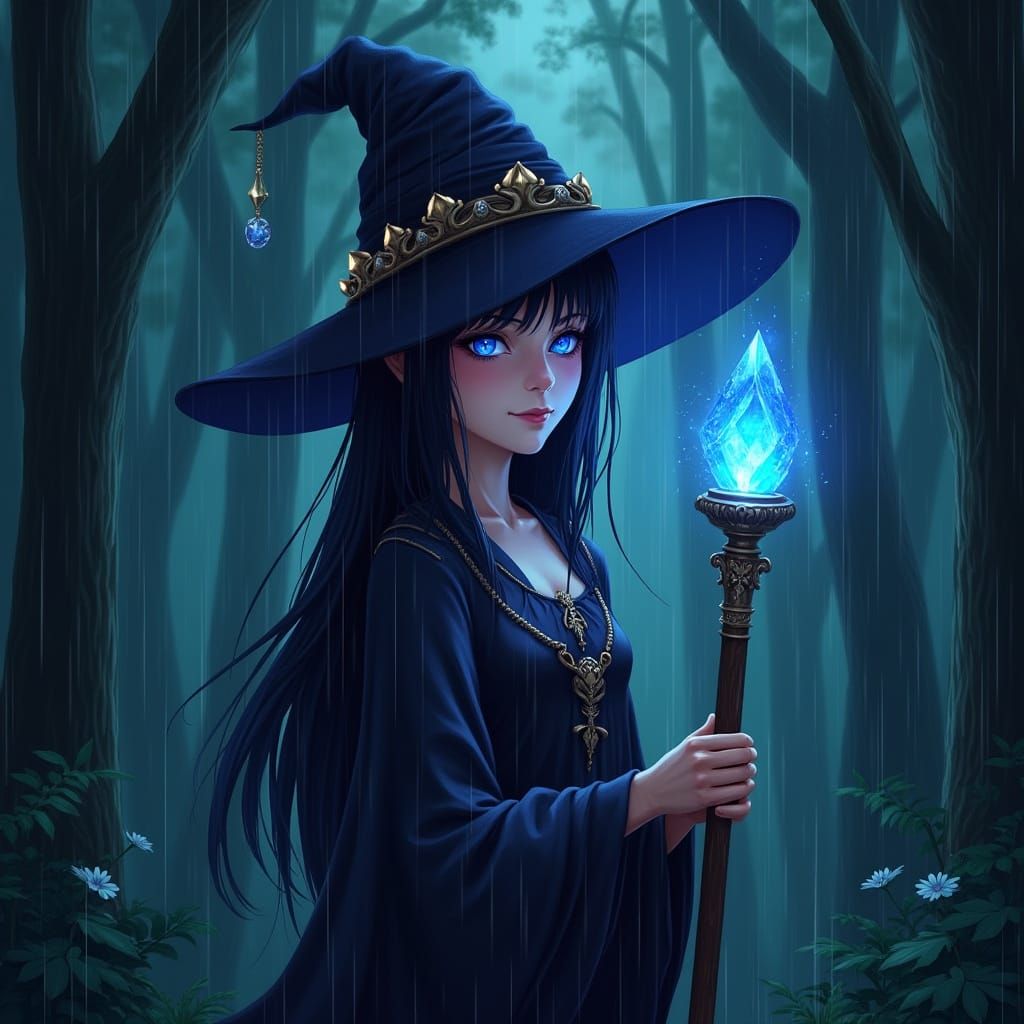 Mystical Sorceress in Rain-Soaked Forest, Digital Anime Styl...