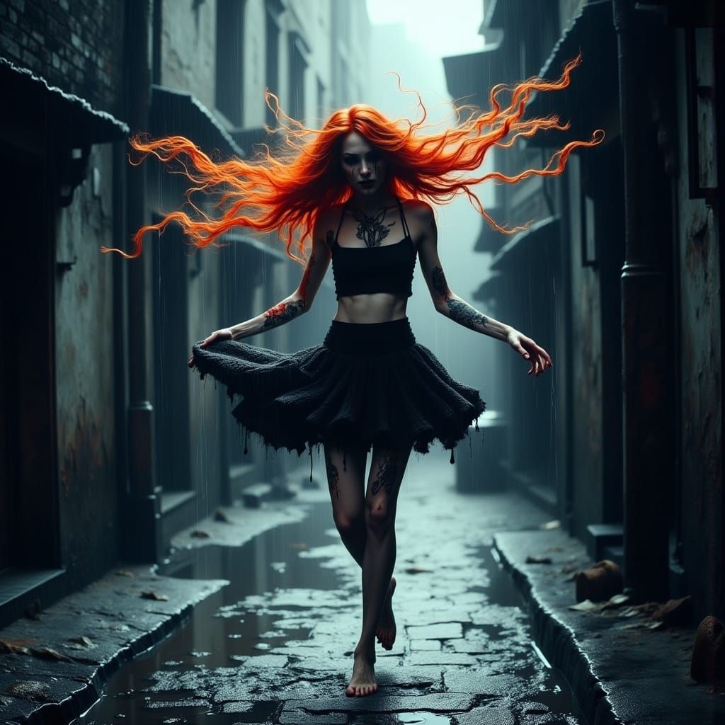 Lovecraftian Redhead Dancing in Rain, Eldritch Tattoos