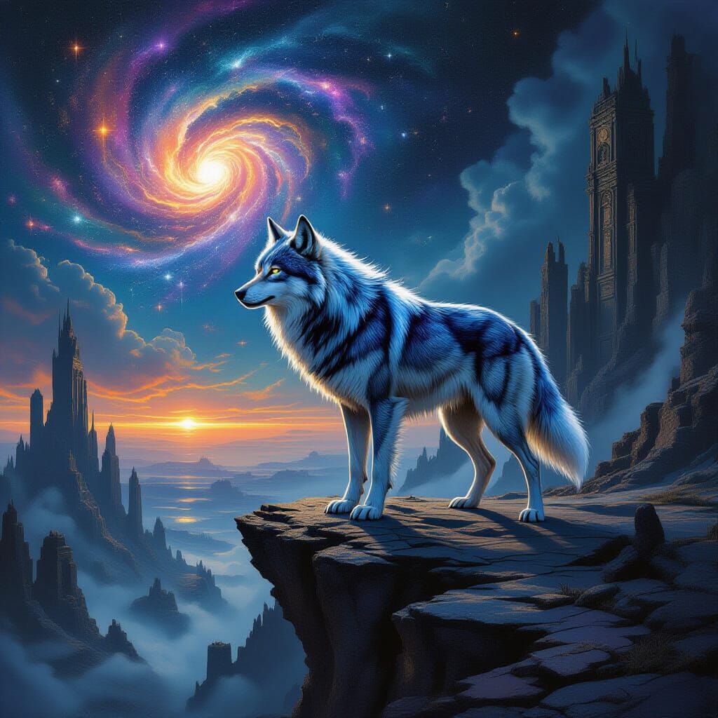 Galactic Wolf on Precipice: Cosmic Dark Fantasy Art