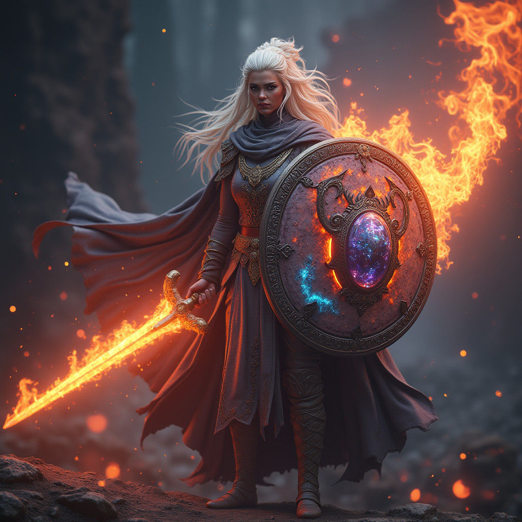 Vibrant Opal Sword and Shield in Fiery Splendor