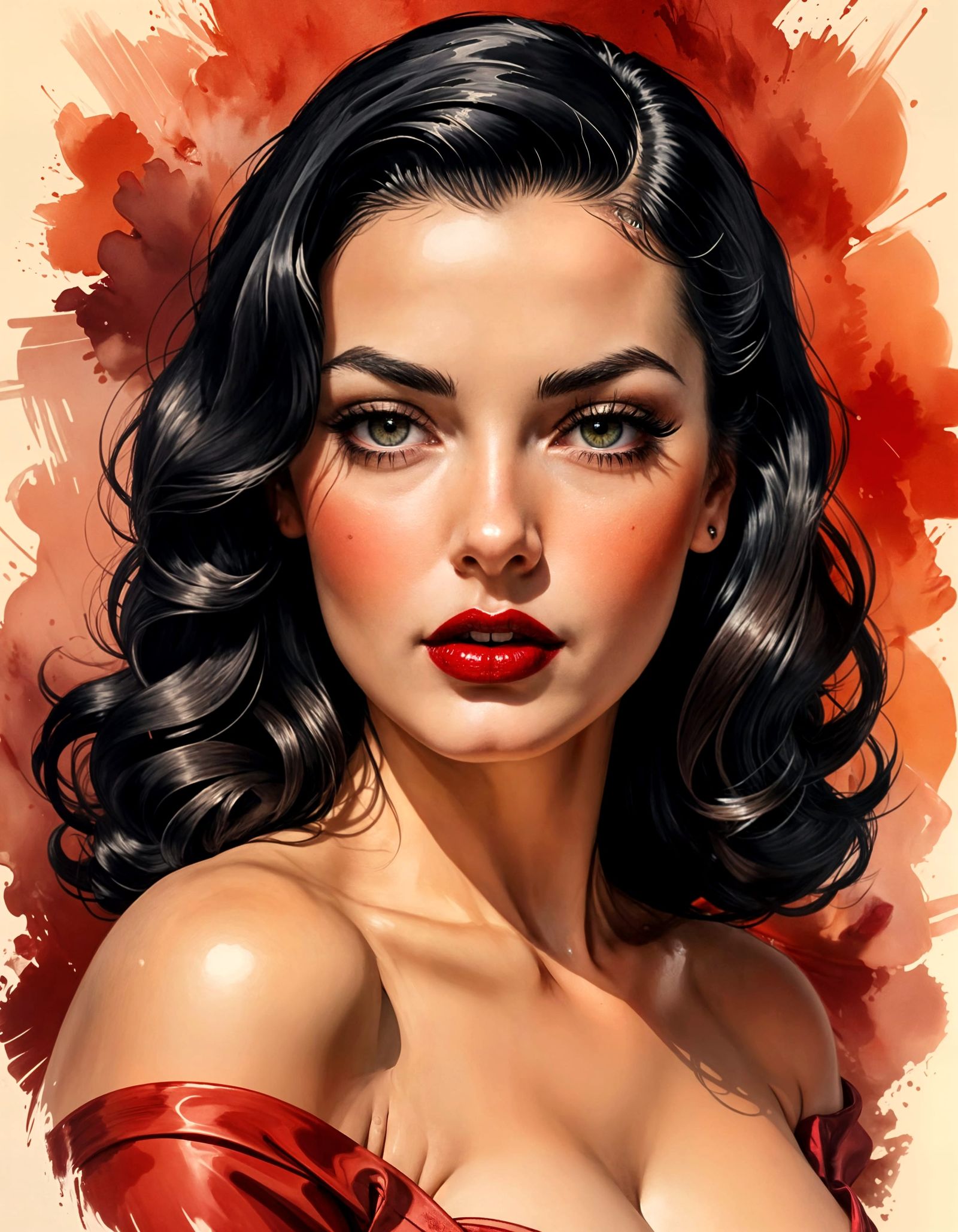 Beautiful Italian Pinup Girl in 1940s Watercolor Style