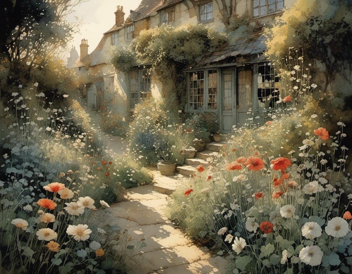 Sunlit Garden Between Dark Houses, Watercolor Style