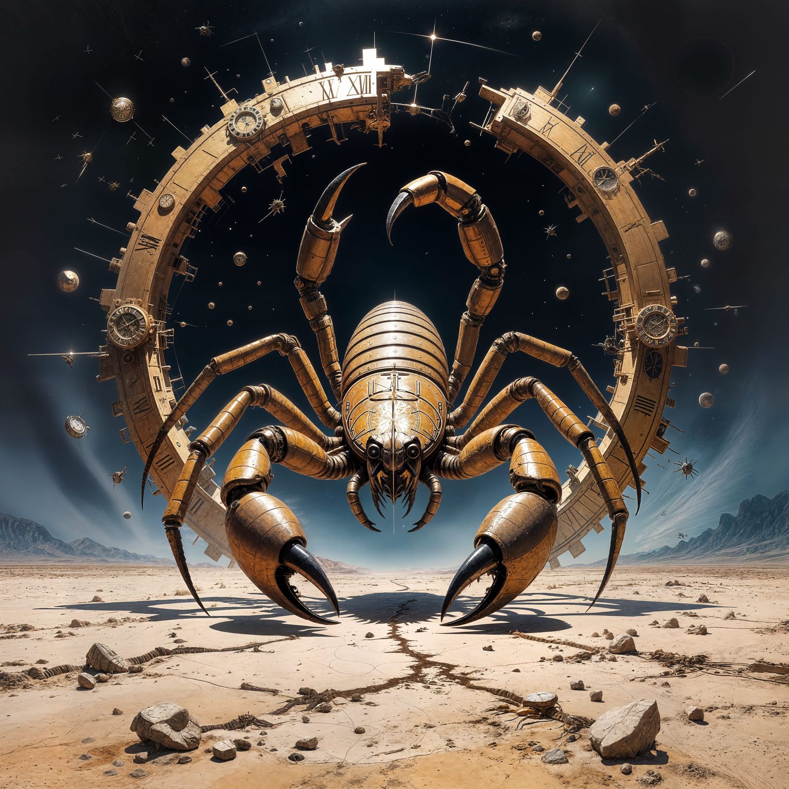 Giant Scorpion Amidst Clockwork in Dark Desert Atmosphere