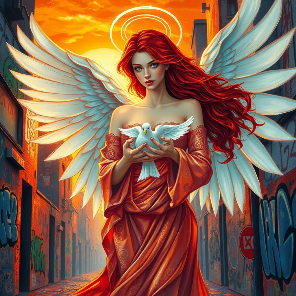Fiery Angel with Dove in Graffiti Art Style