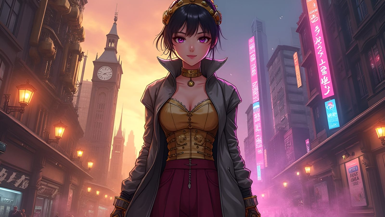 Steampunk Cyberpunk Anime Woman in Split Cityscape