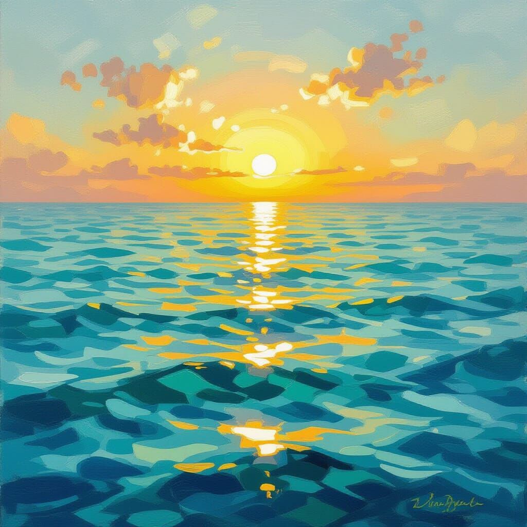 Golden Sunset Over Calm Turquoise Sea, Impressionist Oil Pai...