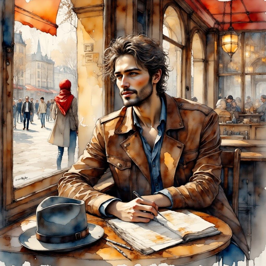 Man in Quaint Paris Cafe, Watercolor-Ink Hybrid