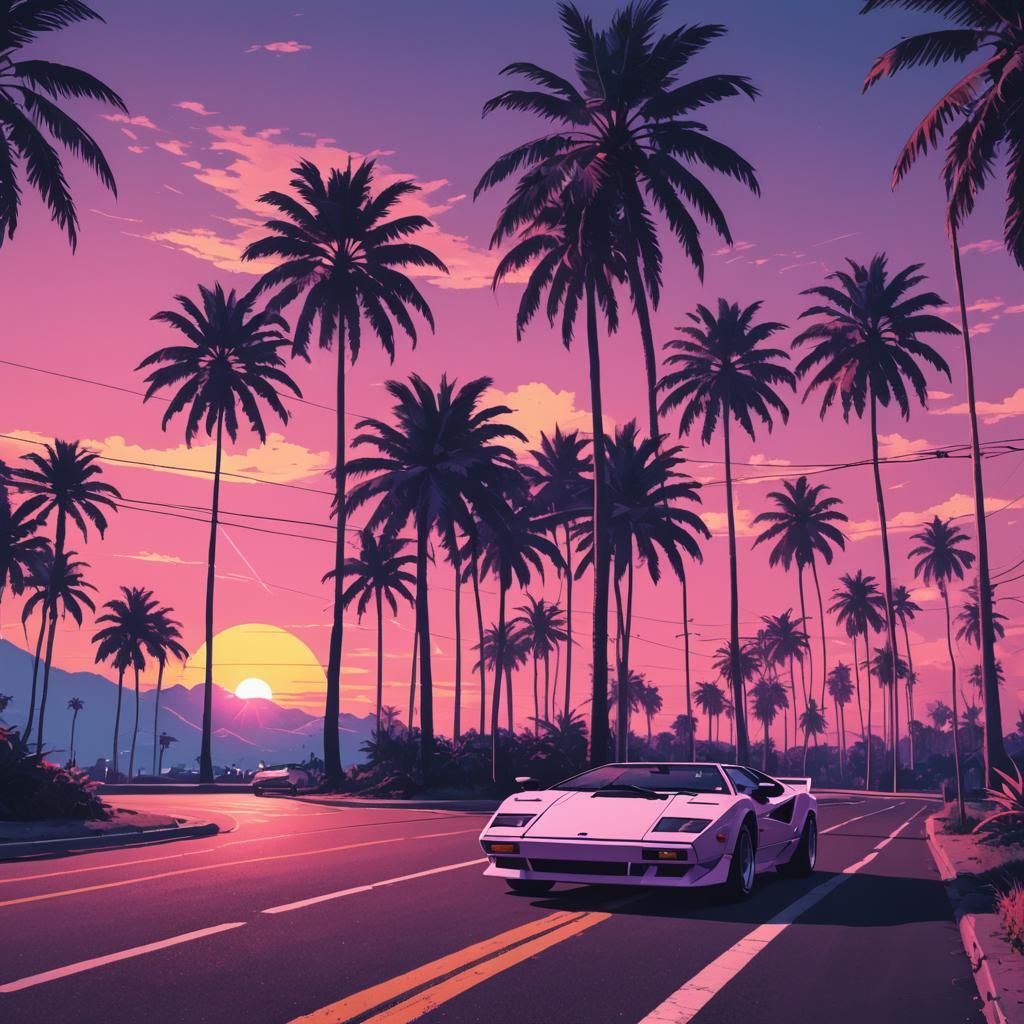 Vaporwave Sunset with Palm Trees and Countach