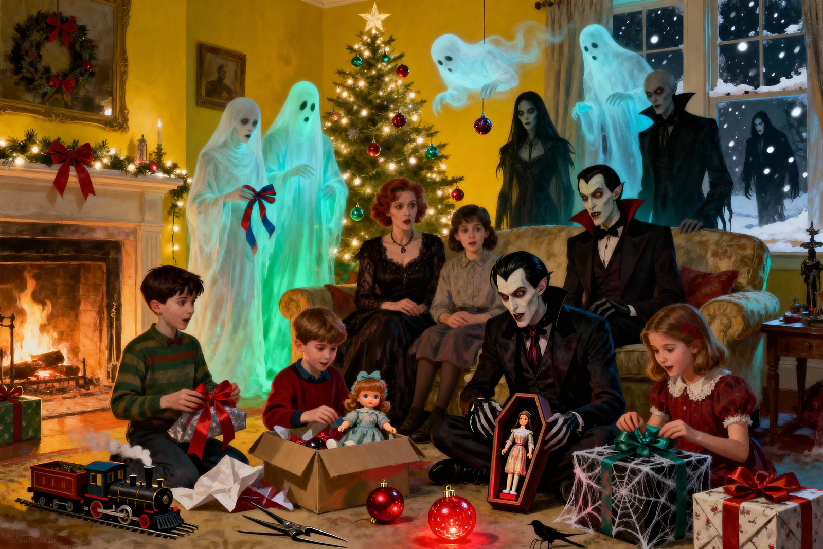 Festive Gothic Christmas Gathering with Supernatural Guests