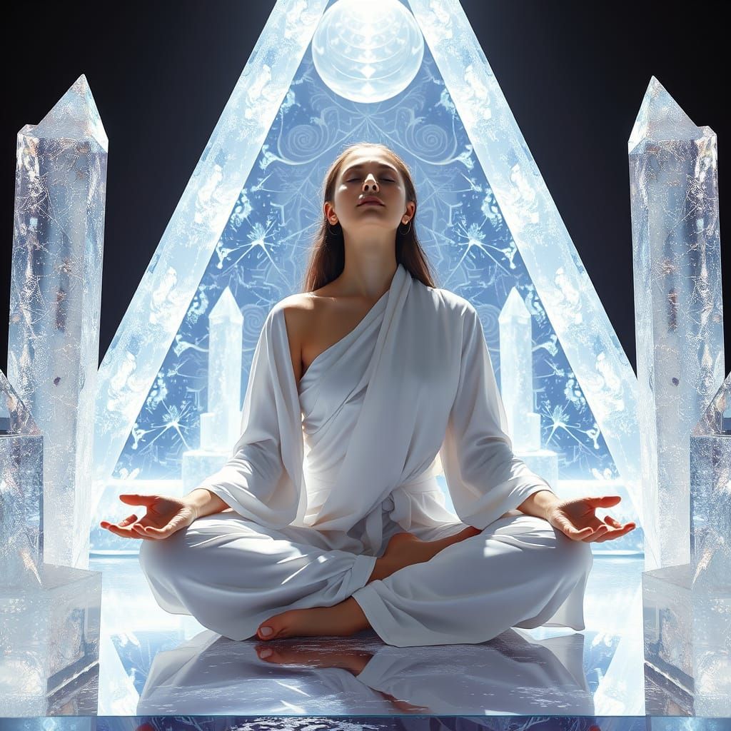 Serene Woman in Crystal Pyramid, Inspired by Syd Mead's Myst...