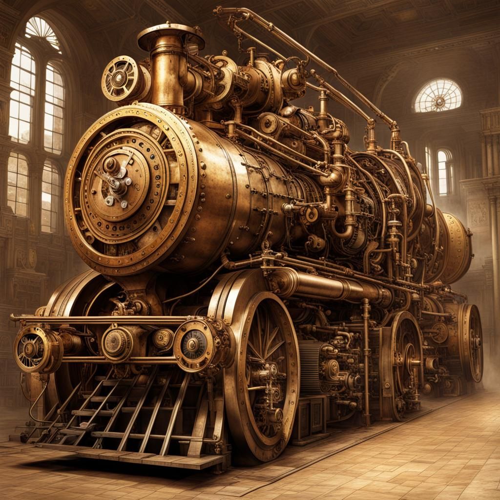Steampunk Engine Atop Ancient Wonders