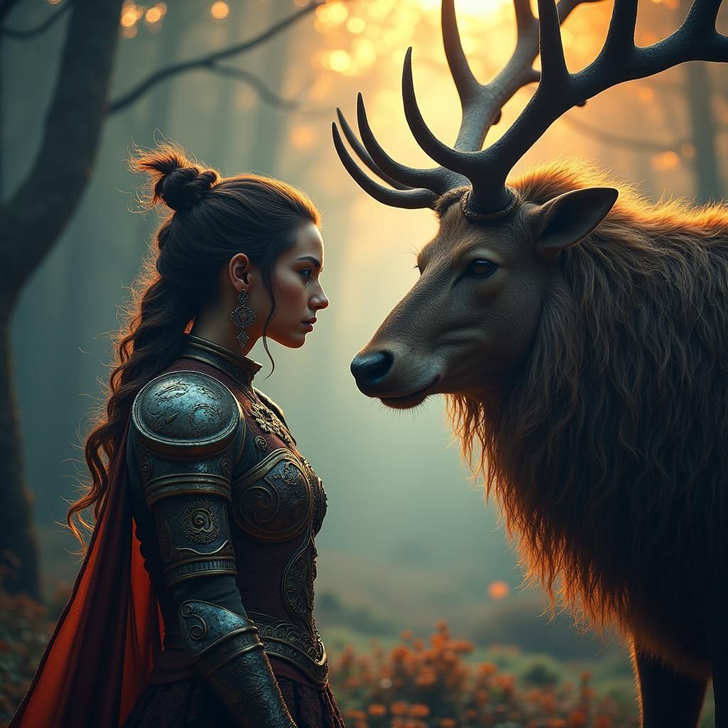 Woman with Antlered Man in Mystical Forest