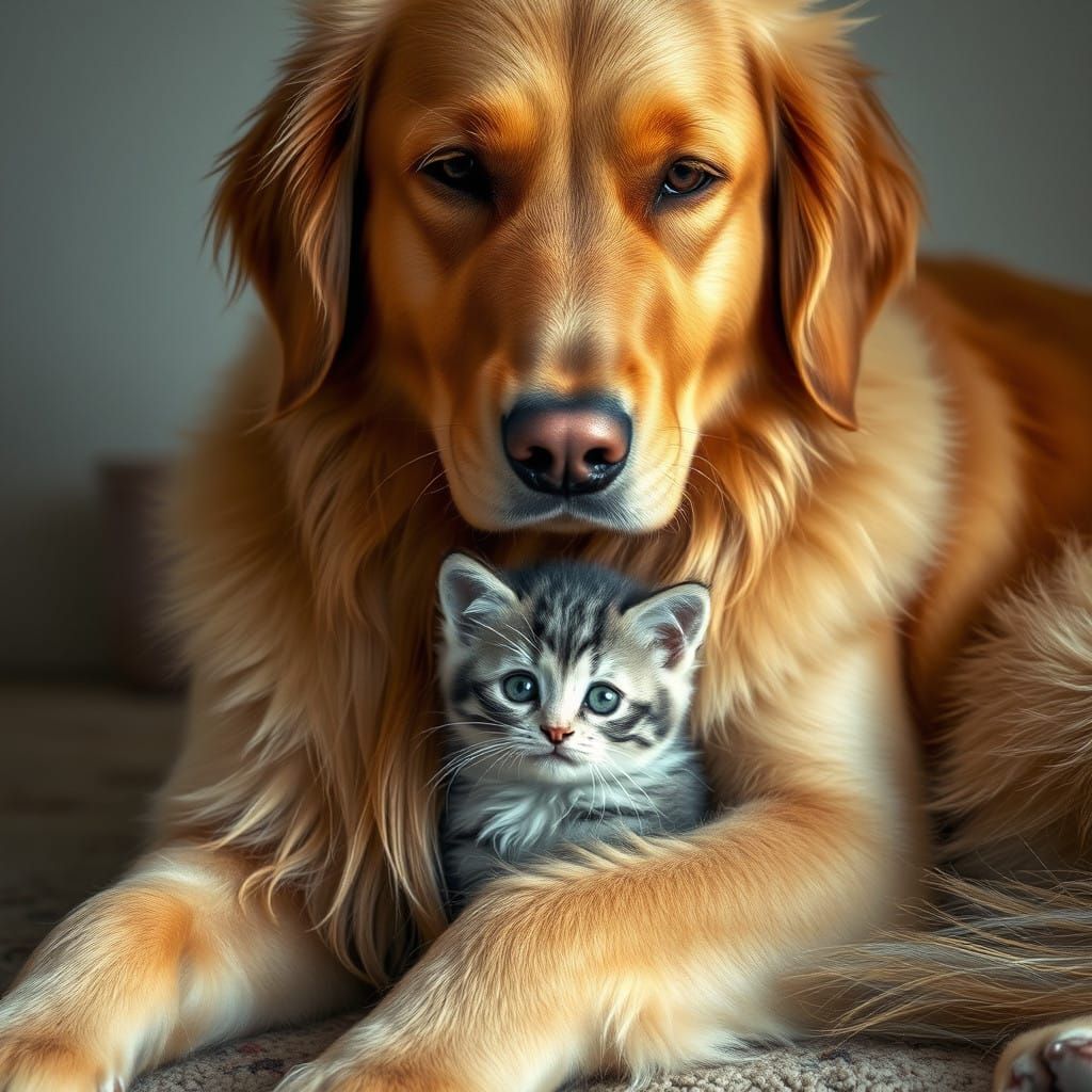 Serene Golden Retriever with Nestled Kitten